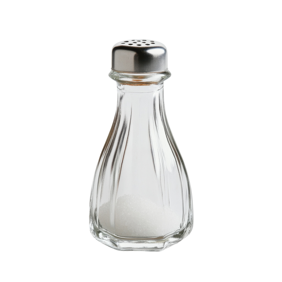 Upright glass salt shaker standing on clean white base Isolated on transparent Background png