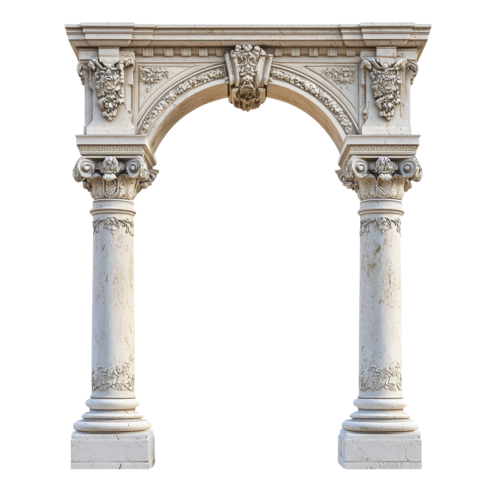 A tall classic stone column arch with ornate details and carvings, isolated on transparent background png