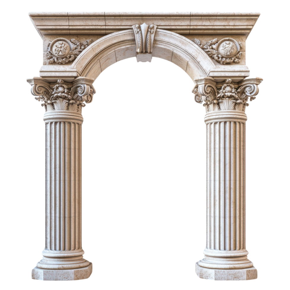 An ornate classic stone column arch with intricate details, isolated on transparent background png