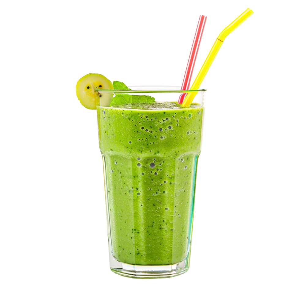 Vibrant green smoothie with straws in transparent glass cup Isolated on transparent Background png