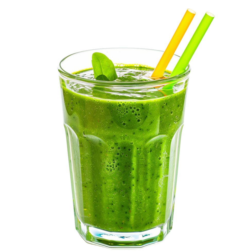 Nutritious green smoothie with straws in clear drinking glass Isolated on transparent Background png