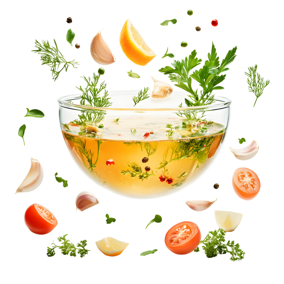 Glass bowl with clear chicken soup and herb garnish Isolated on transparent Background png