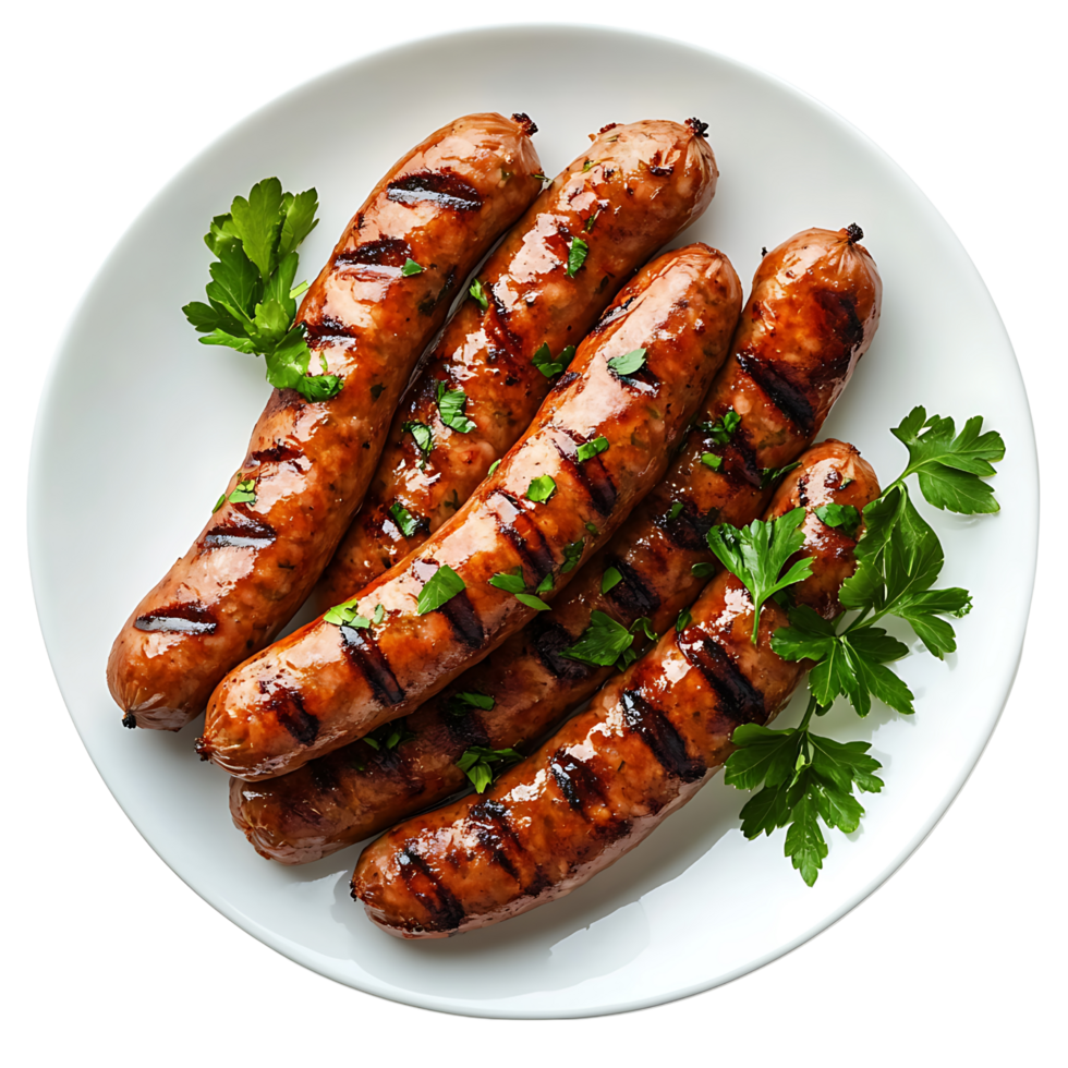 Tasty grilled sausages with herb topping on white plate Isolated on transparent Background png