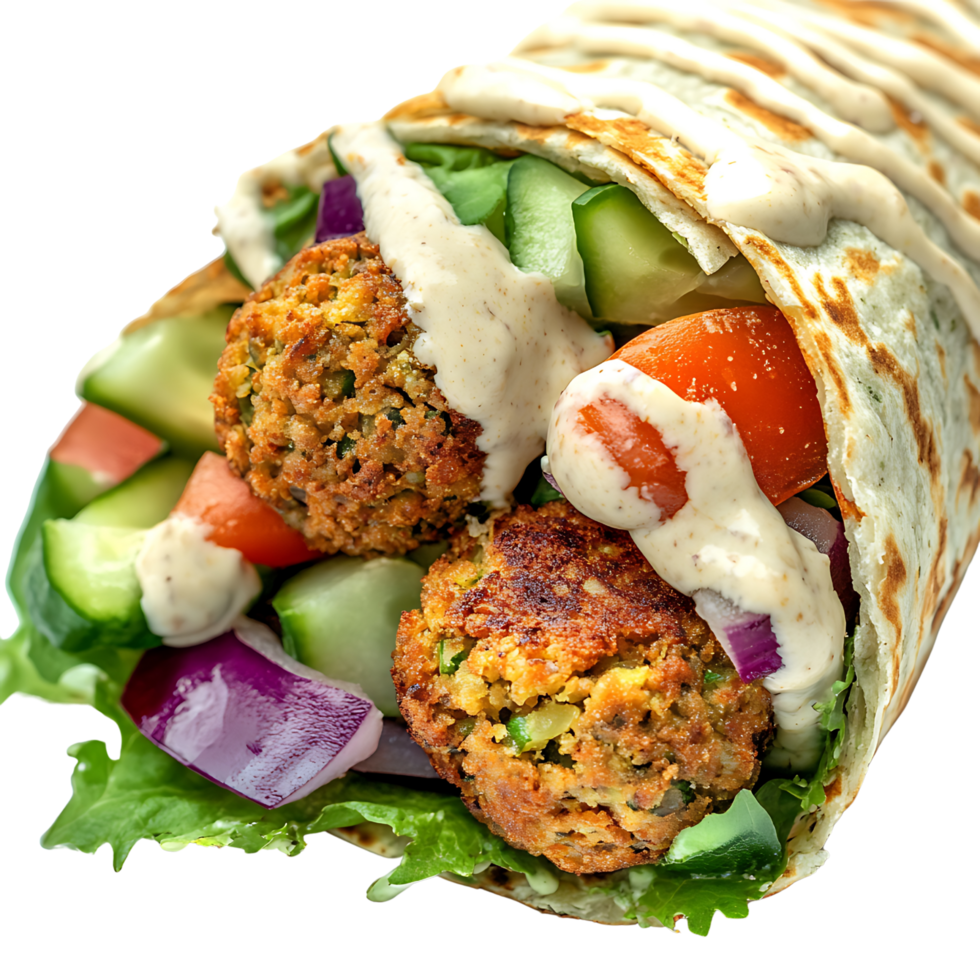 A delicious falafel wrap filled with fresh vegetables and creamy tahini sauce, Isolated on transparent Background png