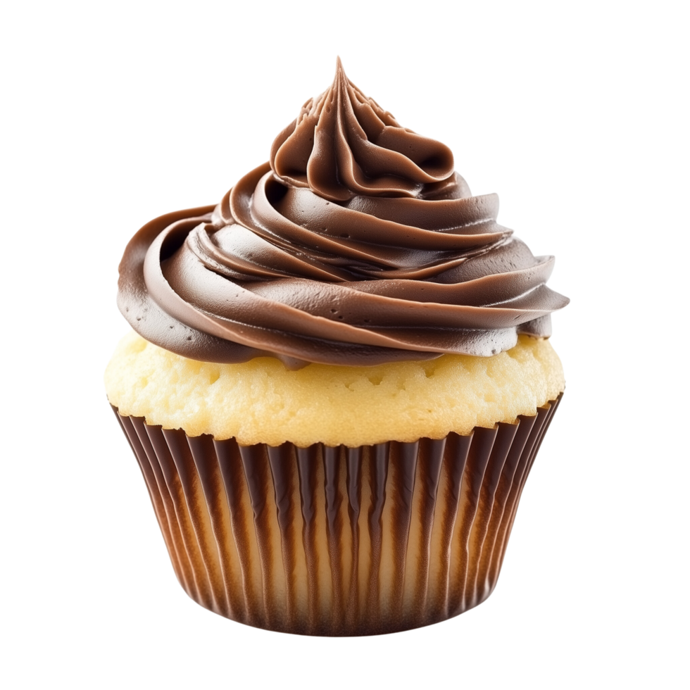 Chocolate-frosted vanilla cupcake with decorative swirl on top Isolated on transparent Background png