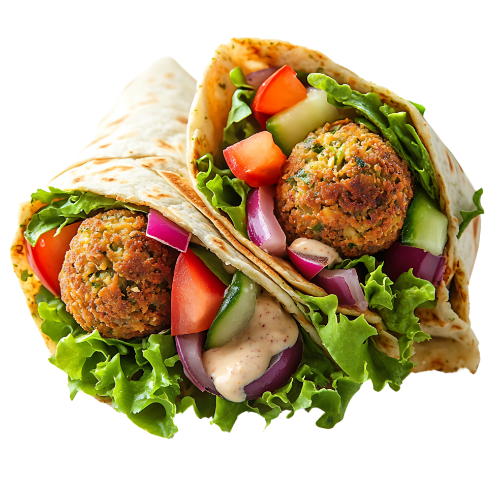 A mouth-watering falafel wrap with fresh veggies and creamy tahini sauce, Isolated on transparent Background png