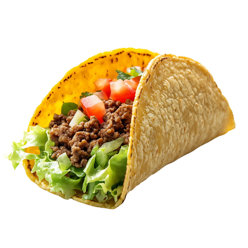 A delicious Mexican taco with crispy shell and fresh ingredients, Isolated on transparent Background png