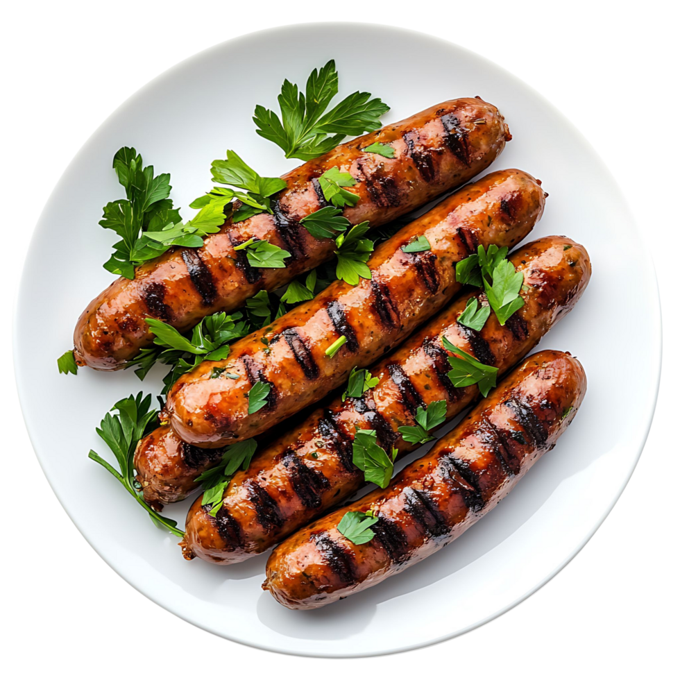 Grilled sausages arranged on a white plate with parsley garnish Isolated on transparent Background png