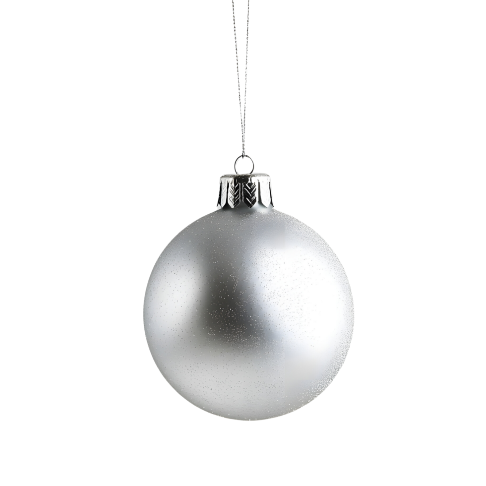 Elegant silver Christmas ball hanging on a silver thread, isolated on transparent background png