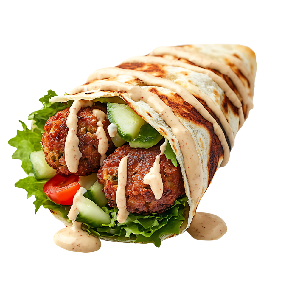 A close-up of a delicious falafel wrap with fresh vegetables and creamy tahini sauce, Isolated on transparent Background png