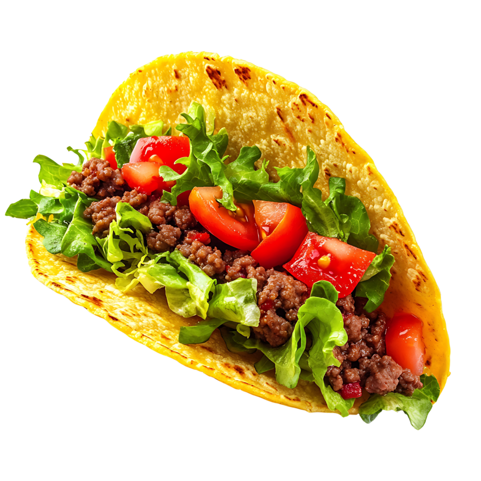 A Mexican taco with crispy shell filled with fresh ingredients, Isolated on transparent Background png