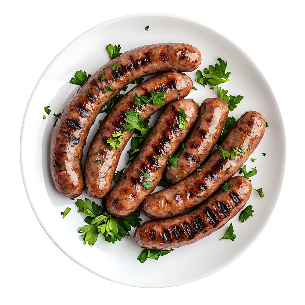 White plate with grilled sausages and vibrant parsley leaves Isolated on transparent Background png