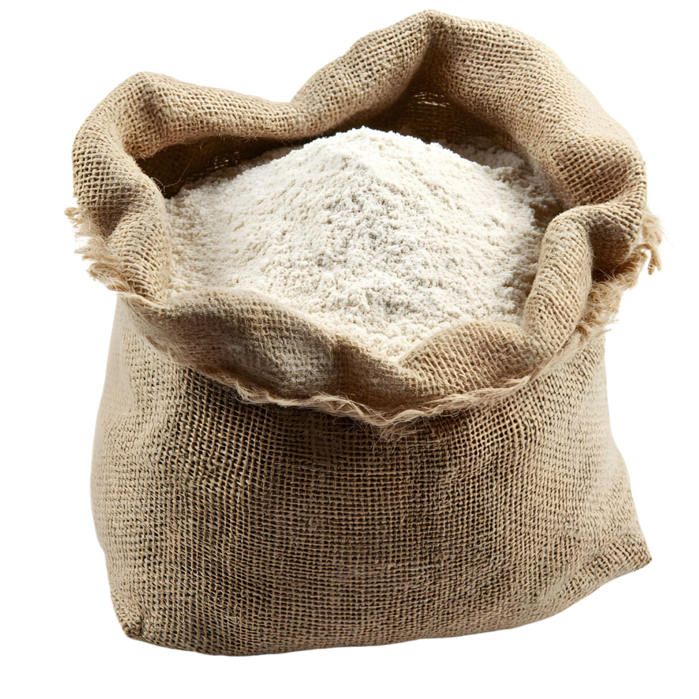 Burlap Bag Filled with Soft Wheat Flour for Baking Isolated on transparent Background png