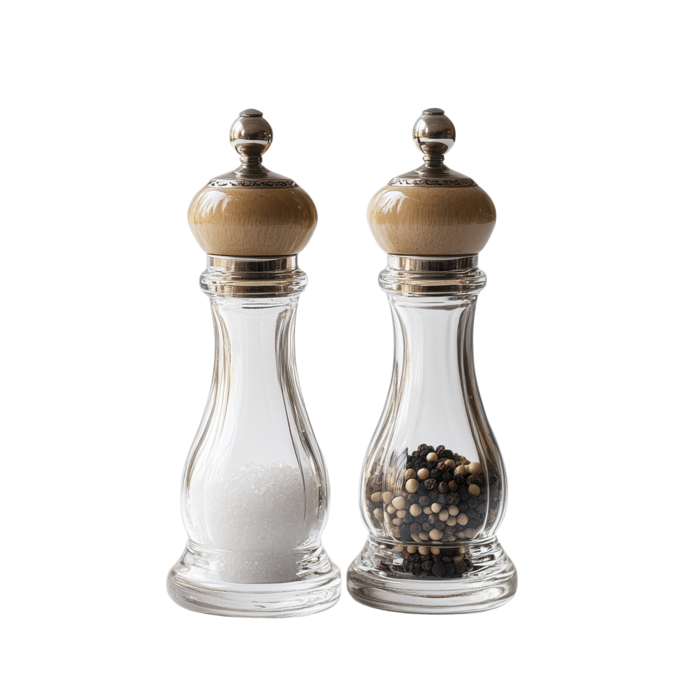 Glass salt shaker and pepper mill elegantly positioned, isolated on transparent background png