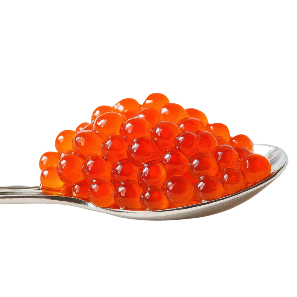 A close-up of glossy red salmon caviar delicately stacked on a silver spoon, isolated on transparent background png