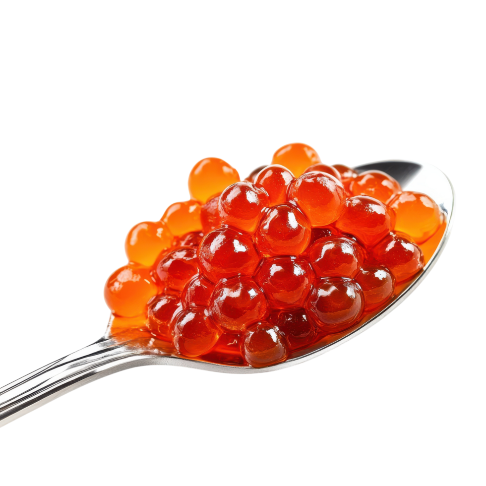A close-up of glossy red salmon caviar on a silver spoon, delicately piled, isolated on transparent background png