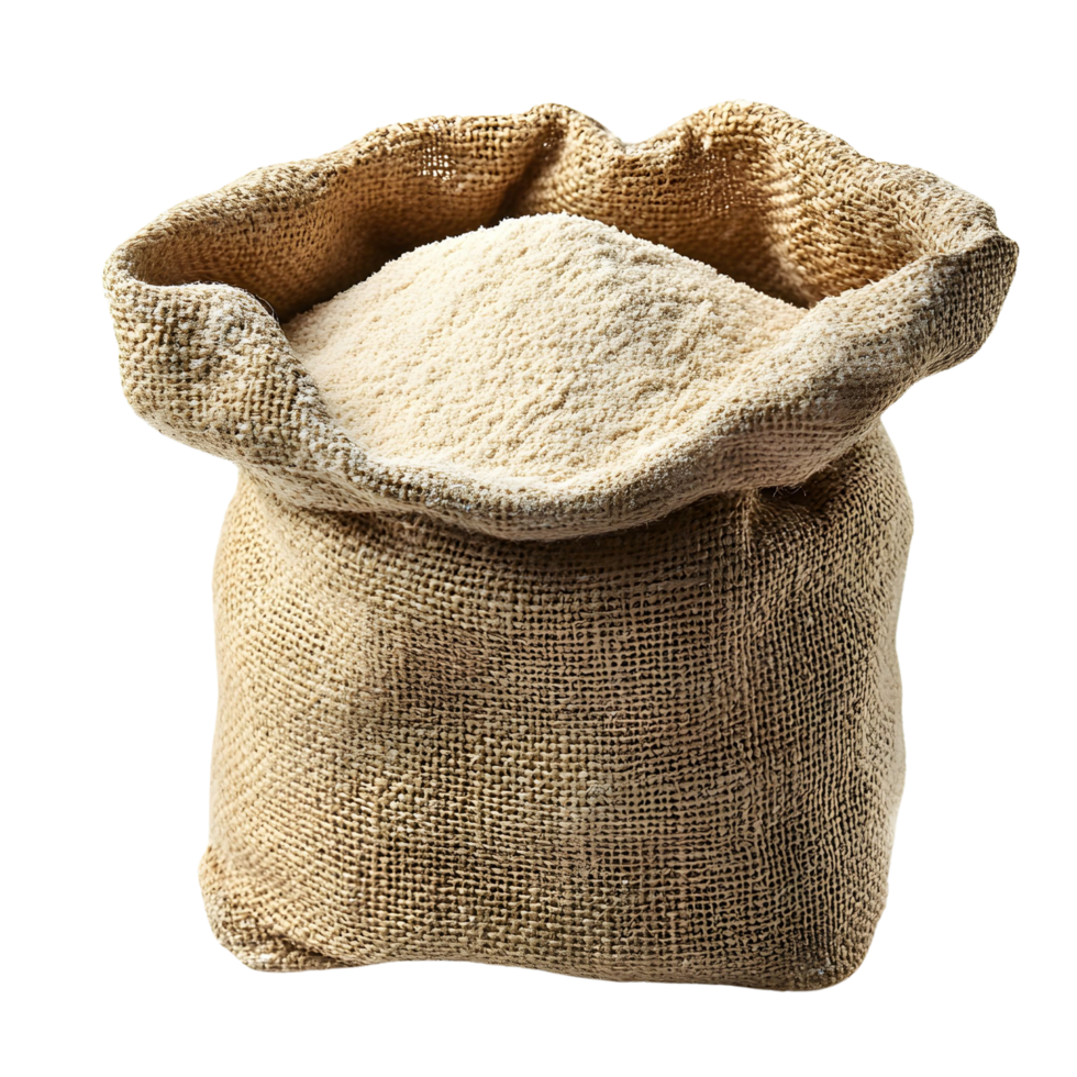 Soft Powdered Flour in Textured Burlap Bag Close-Up Isolated on transparent Background png