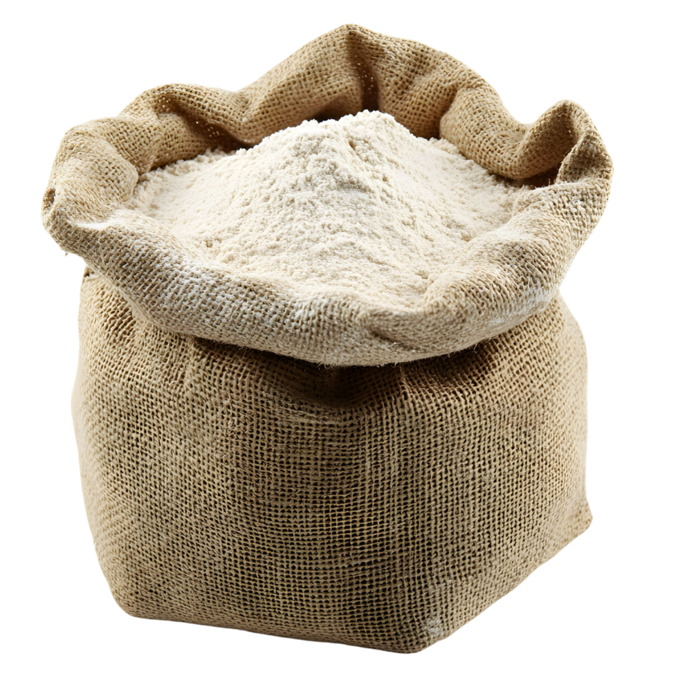 Rustic Burlap Sack Brimming with Fine Wheat Flour Grains Isolated on transparent Background png
