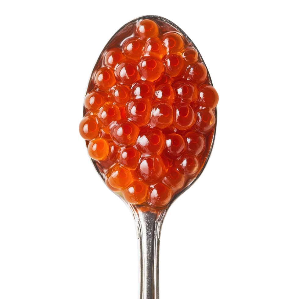 A close-up of red salmon caviar on a silver spoon, arranged delicately, isolated on transparent background png