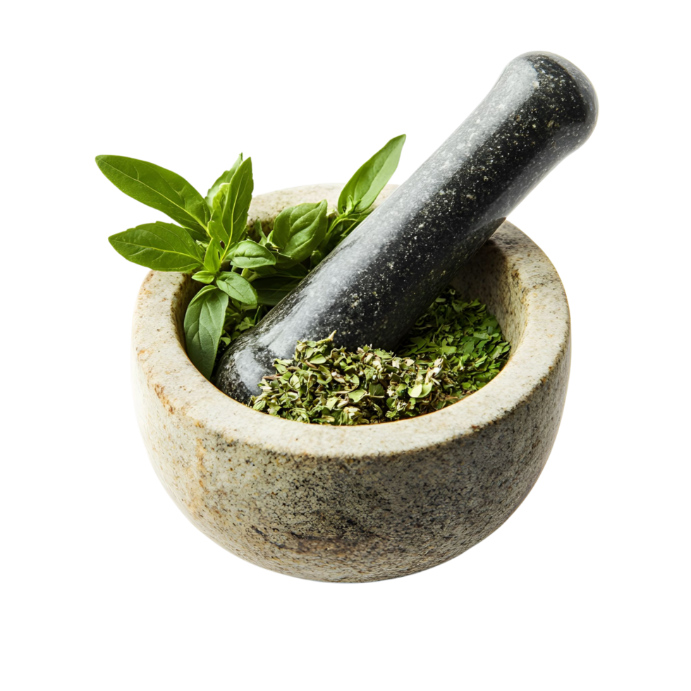 Ground Western herbs in a mortar and pestle, emphasizing the texture and color, isolated on transparent background png