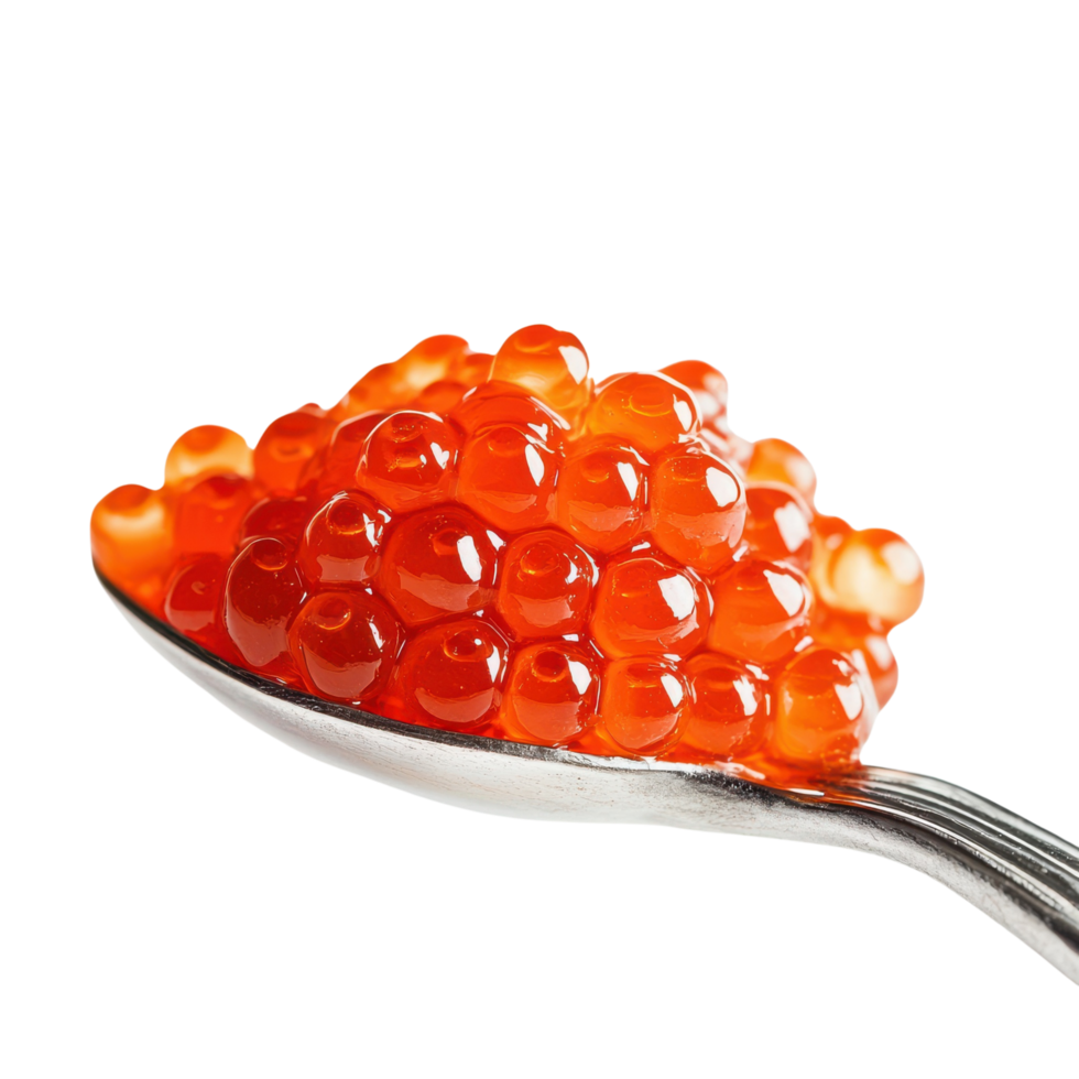 A close-up of glossy red salmon caviar piled delicately on a silver spoon, isolated on transparent background png