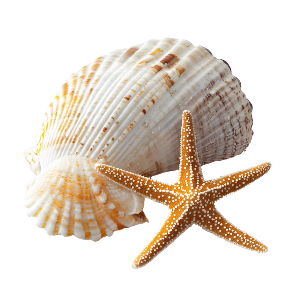 A close-up of a seashell and starfish on a white background, highlighting intricate details, Isolated on transparent Background png