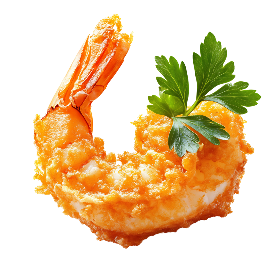 Golden fried prawn coated with crispy batter and a sprig of parsley, isolated on transparent background png