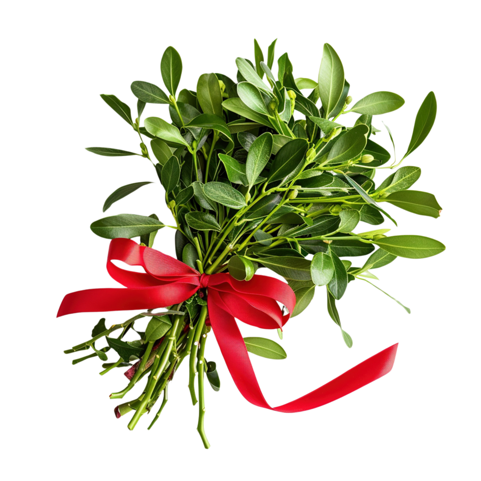 Festive mistletoe bundle with red ribbon, isolated on transparent background png