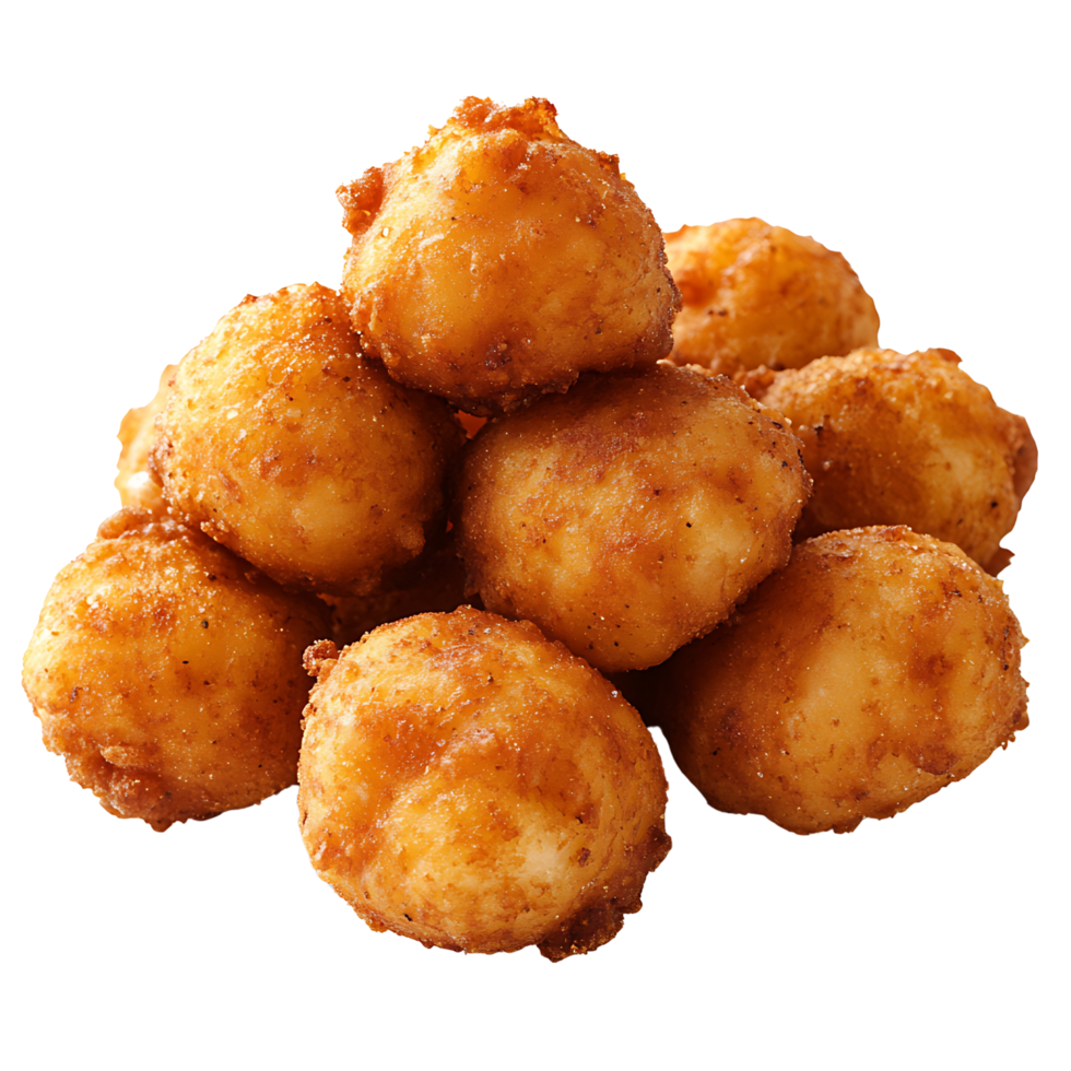 A close-up of golden-brown crispy hush puppies, perfectly fried, isolated on transparent background png