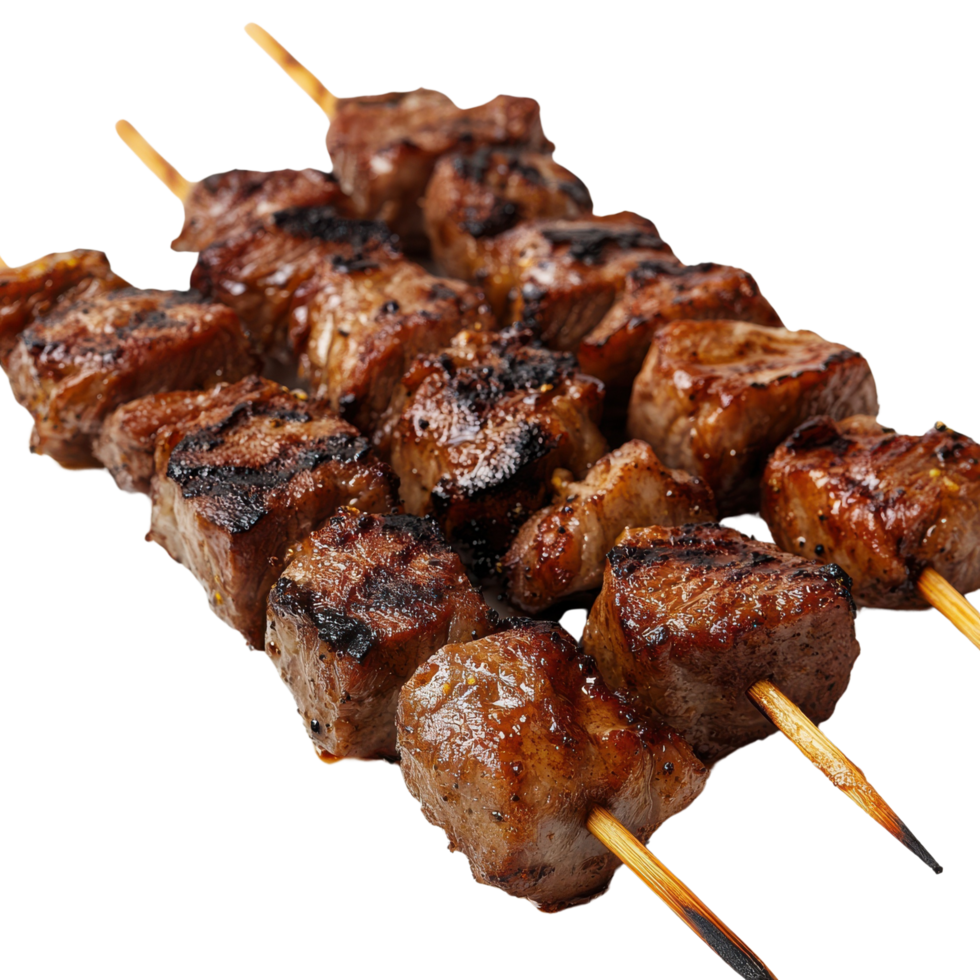 A close-up of marinated Russian shashlik grilled skewers, juicy and isolated on transparent background png