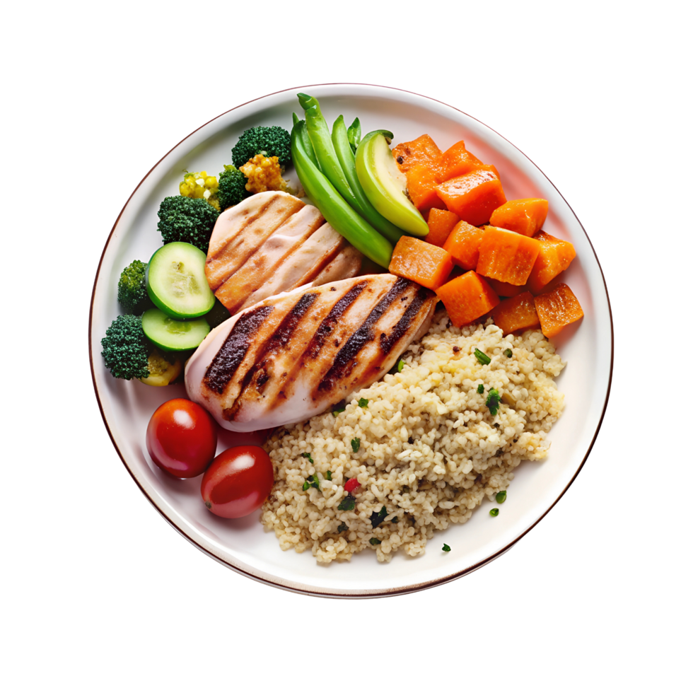 Healthy meal plate with grilled chicken, quinoa, and vegetables, isolated on transparent background png