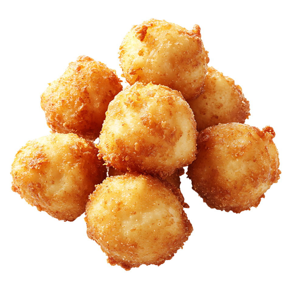 A close-up of crispy, golden hush puppies with crunchy texture, isolated on transparent background png
