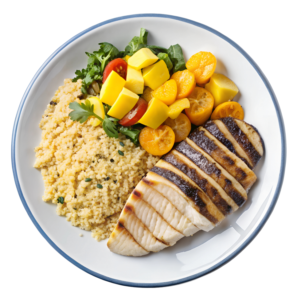 Grilled chicken, quinoa, and vegetables, isolated on transparent background png