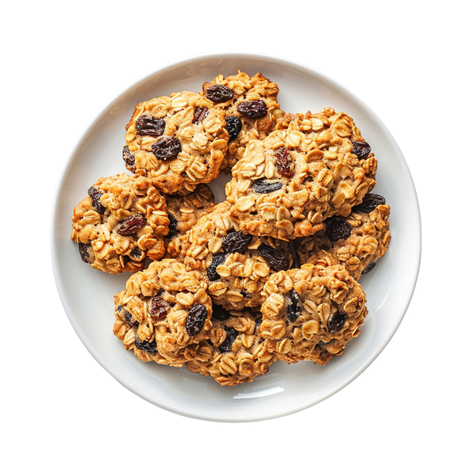 Freshly baked oatmeal raisin cookies on a plate, golden and crispy, isolated on transparent background png