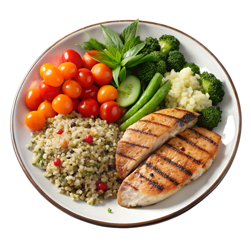 A well-balanced meal of grilled chicken, quinoa, and vegetables, isolated on transparent background png