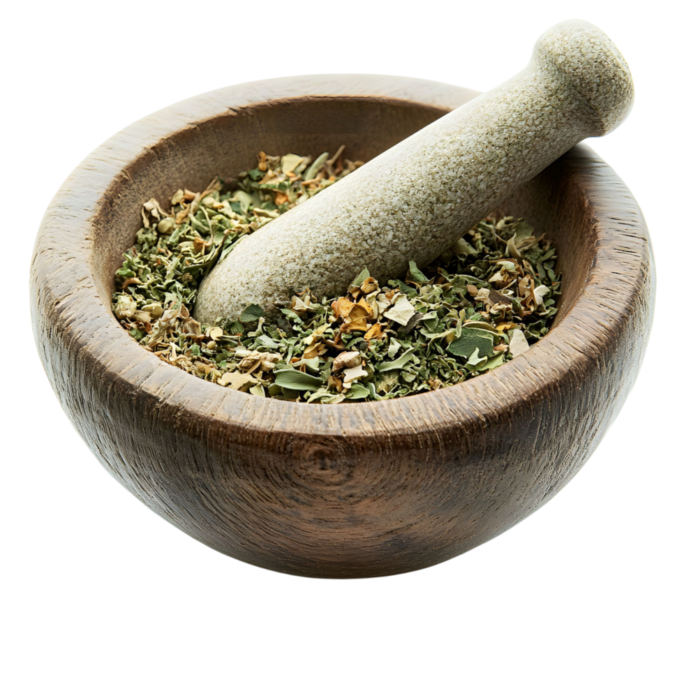 A close-up of freshly ground Western herbs in a mortar and pestle, focusing on the texture and rich color, isolated on transparent background png