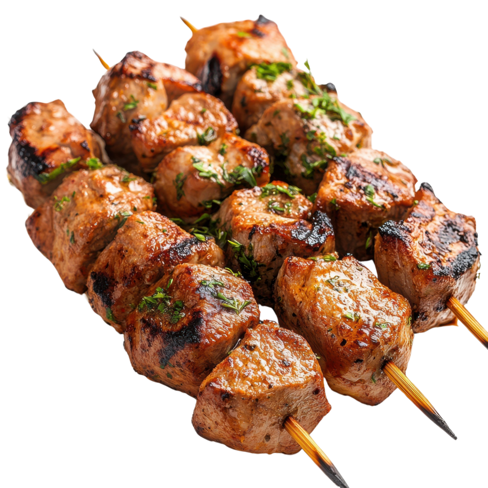 A close-up of juicy Russian shashlik skewers, grilled and marinated, isolated on transparent background png