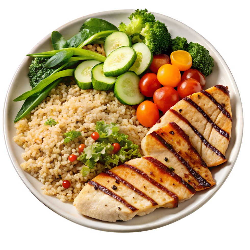 Healthy grilled chicken plate with quinoa and vegetables, isolated on transparent background png