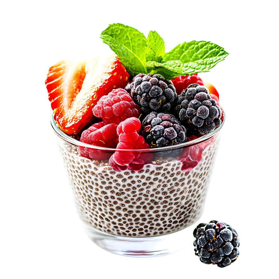 A close-up of chia seed pudding topped with berries and mint leaves, placed on a white background, Isolated on transparent Background png