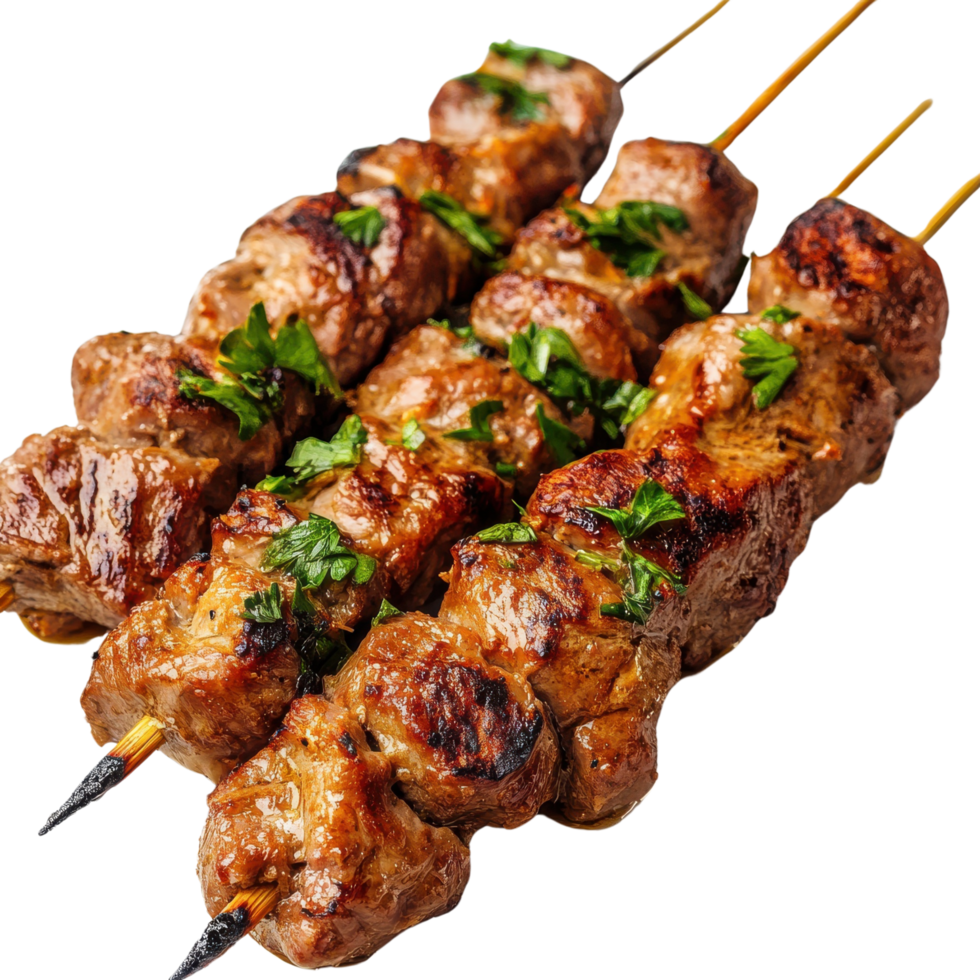 A close-up of juicy Russian shashlik marinated skewers, grilled to perfection, isolated on transparent background png