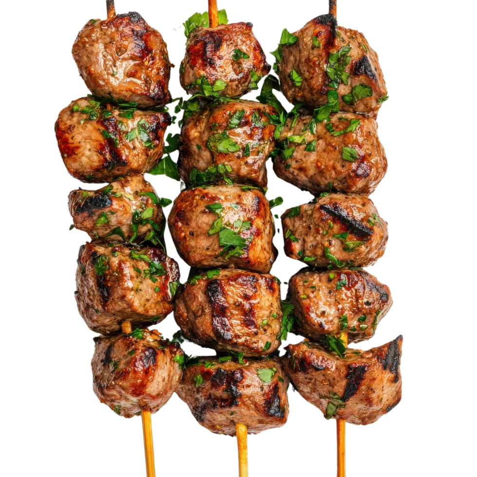 A close-up of juicy Russian shashlik grilled skewers, marinated and isolated on transparent background png