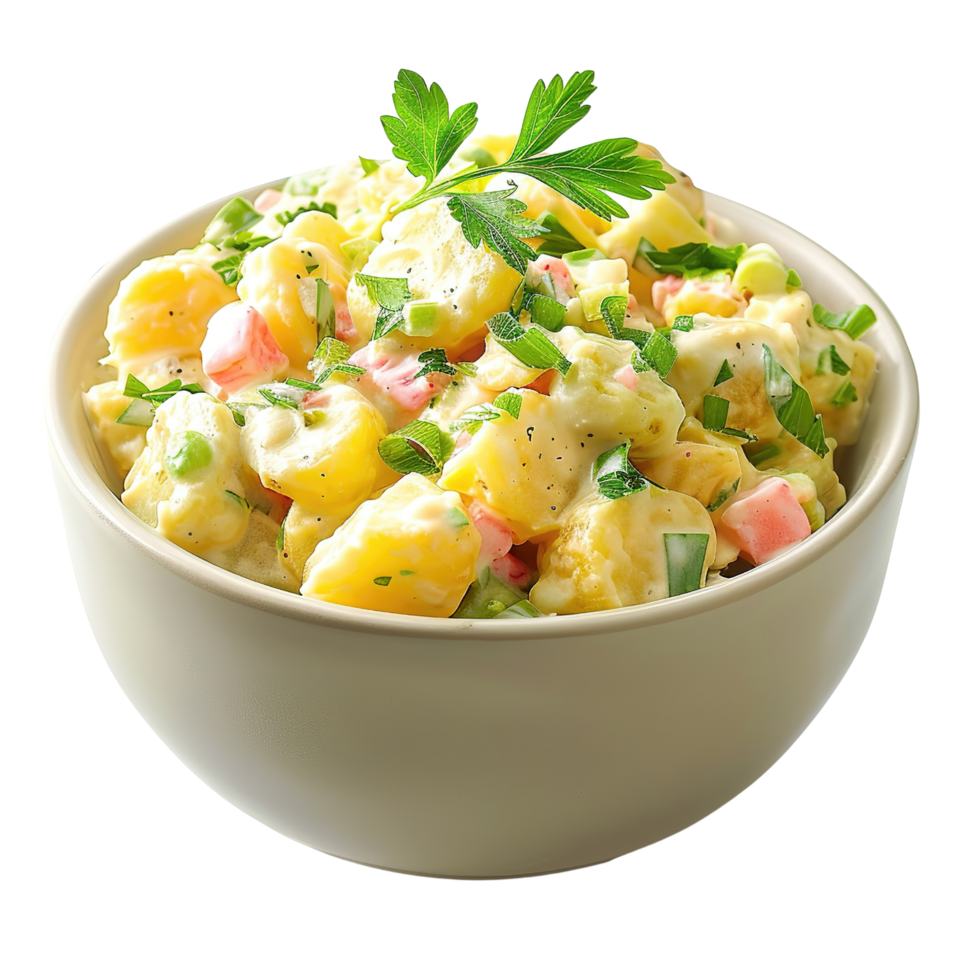 Close-up of a side-view bowl of potato salad with vinaigrette dressing, isolated on transparent background png
