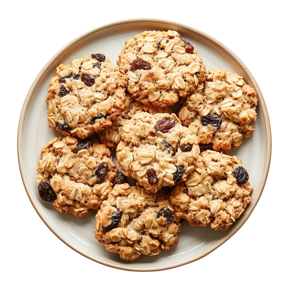 A plate filled with freshly baked oatmeal raisin cookies, golden and crispy, isolated on transparent background png