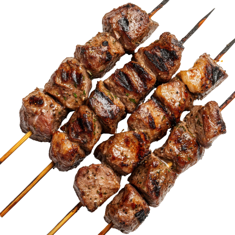 A close-up of juicy grilled Russian shashlik skewers, marinated and isolated on transparent background png
