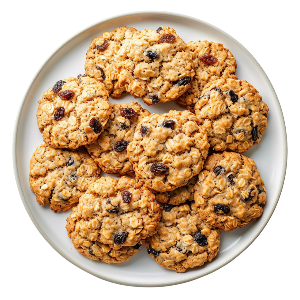 A plate of golden, crispy oatmeal raisin cookies, freshly baked, isolated on transparent background png
