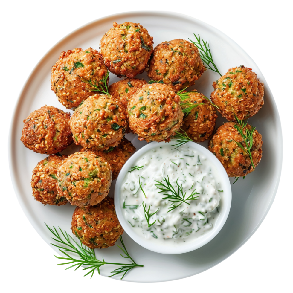 A delicious close-up of fried falafel balls with tzatziki sauce on a white plate, isolated on transparent Background. png