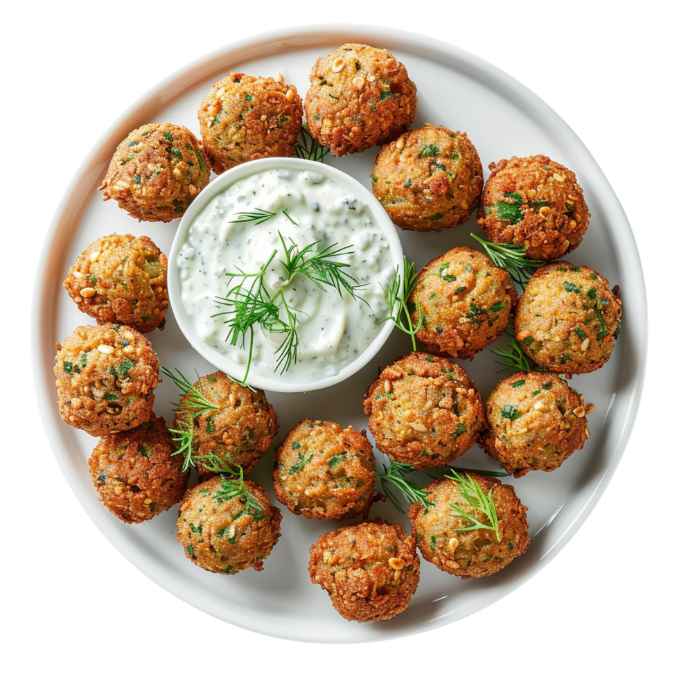 A close-up of freshly fried falafel balls with tzatziki sauce on a white plate, isolated on transparent Background. png