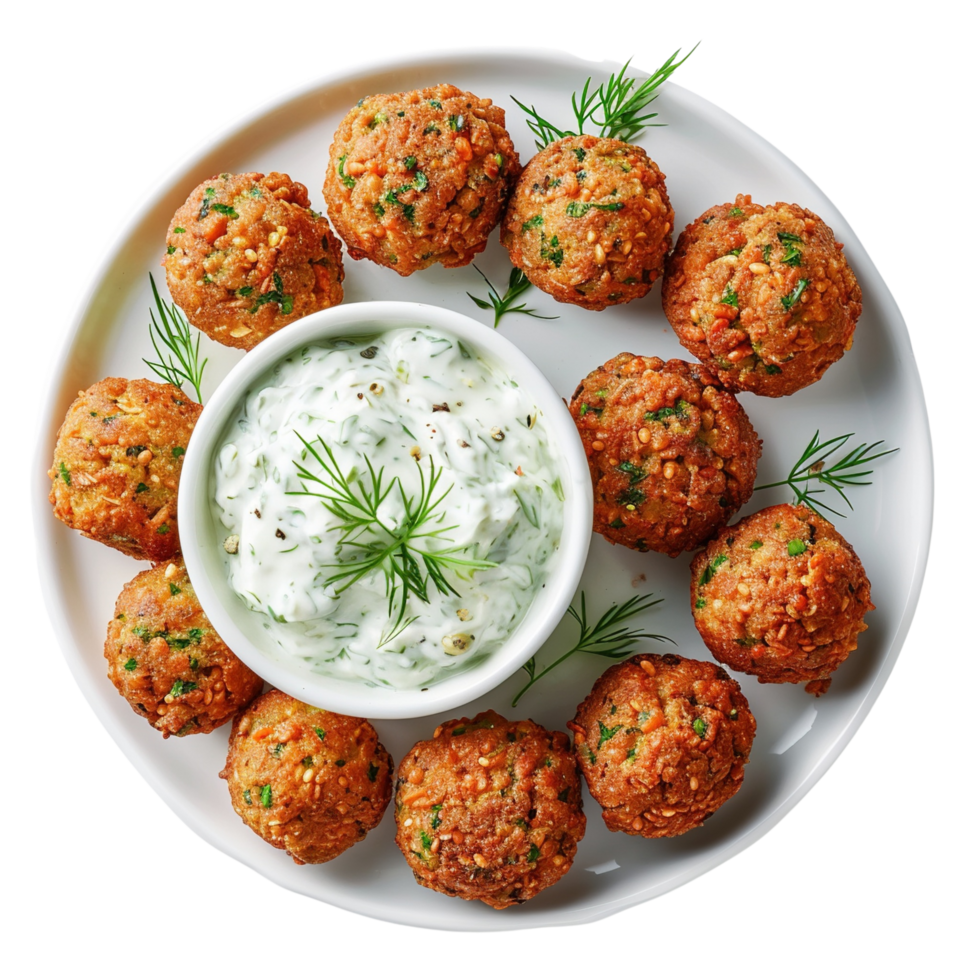 A beautiful close-up of fried falafel balls with creamy tzatziki sauce on a white plate, isolated on transparent Background. png