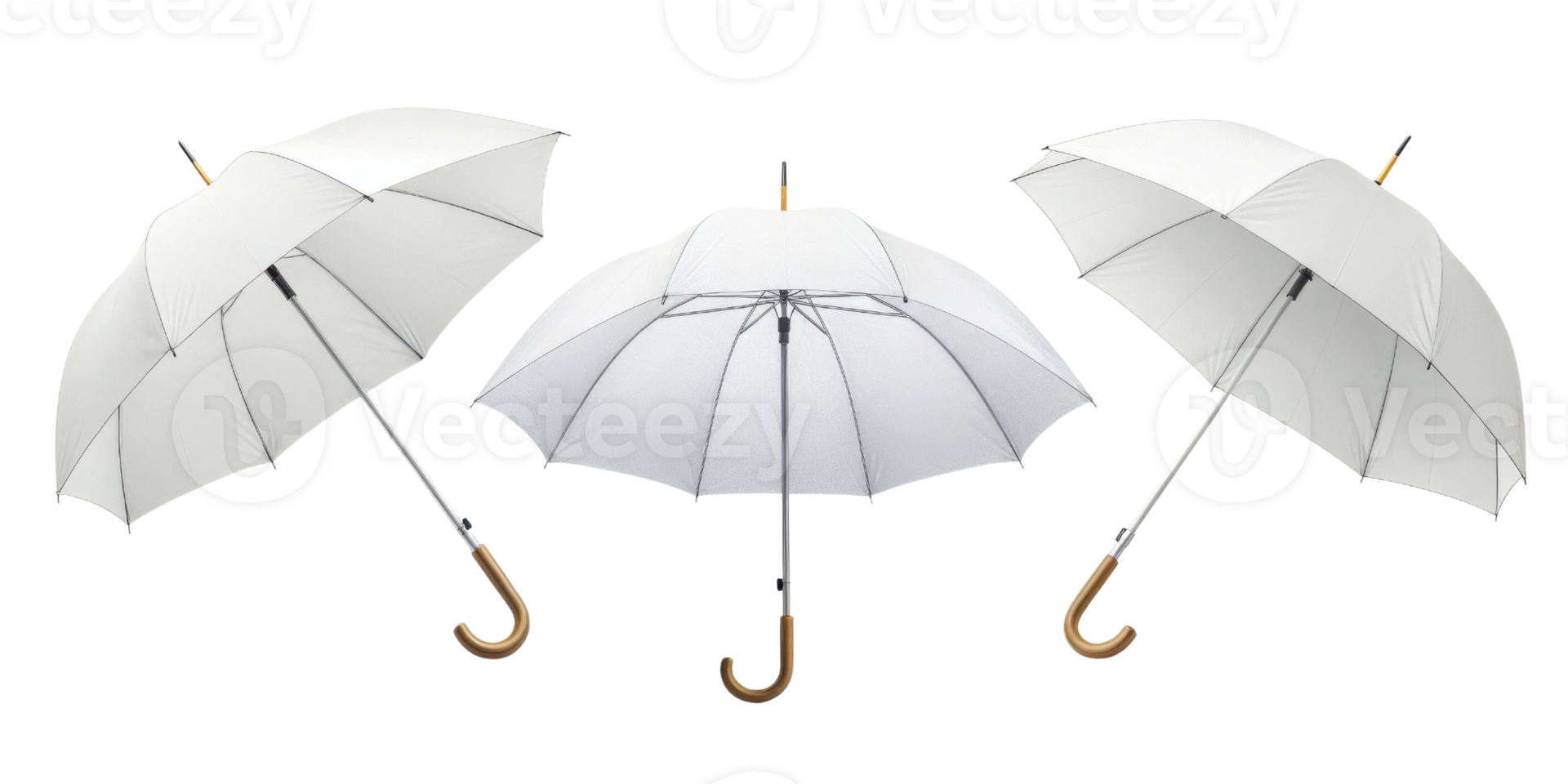 Three elegant white umbrellas with wooden handles, showcasing stylish design and functionality for protection against rain or sun png