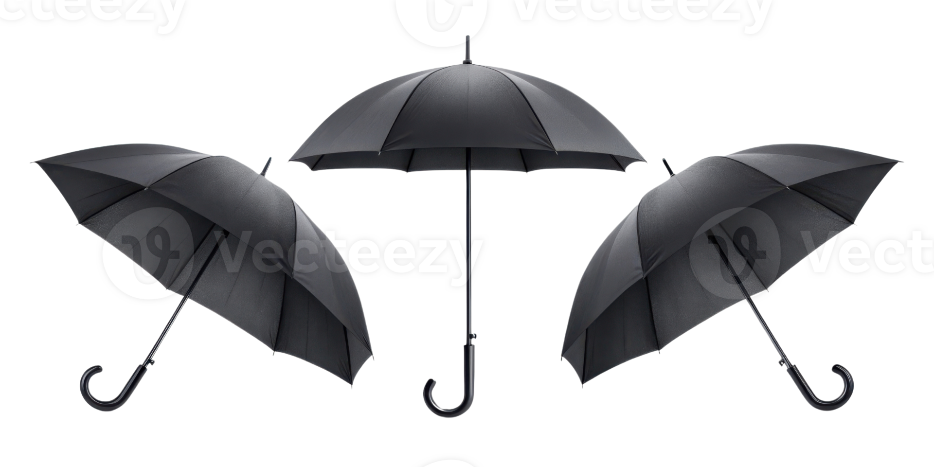 Three black umbrellas displayed in stylish arrangement, showcasing their sleek design and functionality, perfect for rainy days png